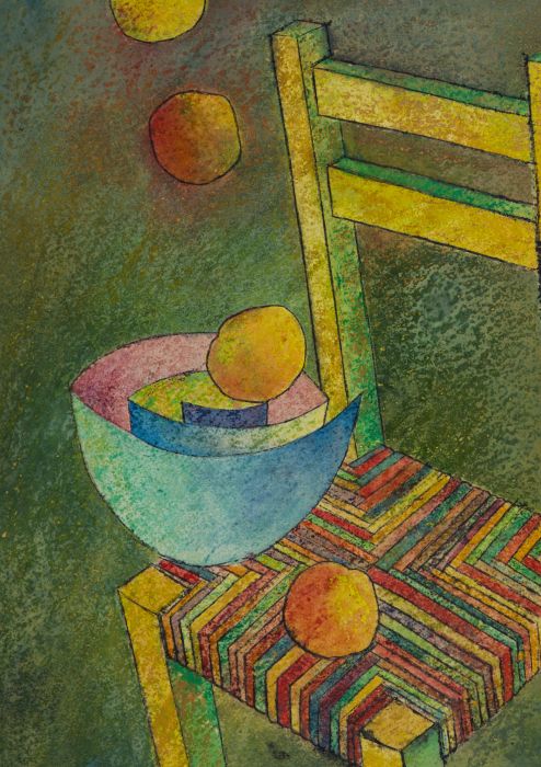 Lawrence J. Curtis - Abstract 1984 Watercolour, Yellow Chair with Still Life