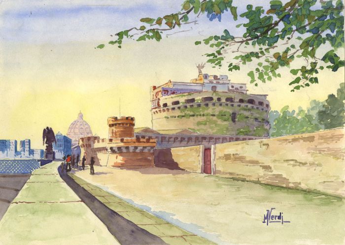 M. Verdi - Mid 20th Century Watercolour, Rome Castel Sant'Angelo e San Pietro