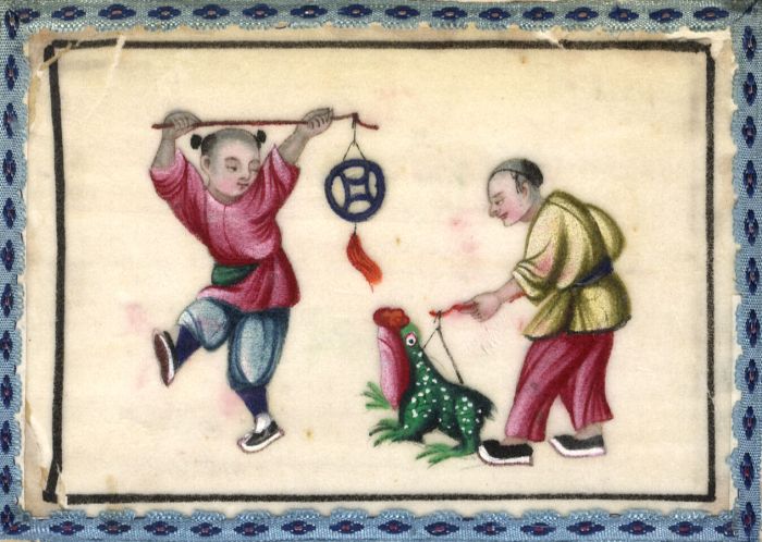 Chinese 19th Century Gouache on Pith Paper - Children with Hanging Decorations