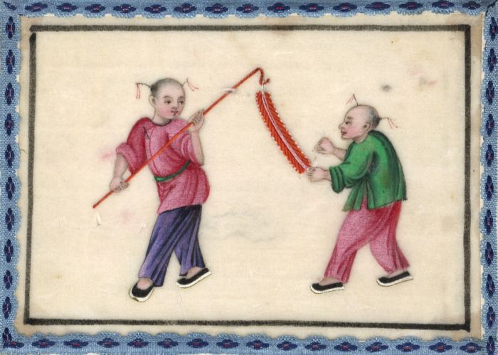 Chinese 19th Century Gouache on Pith Paper - Children with Hanging Decorations