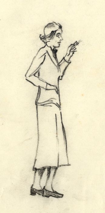 Erna Plachte - Mid 20th Century Charcoal Drawing, Woman Smoking