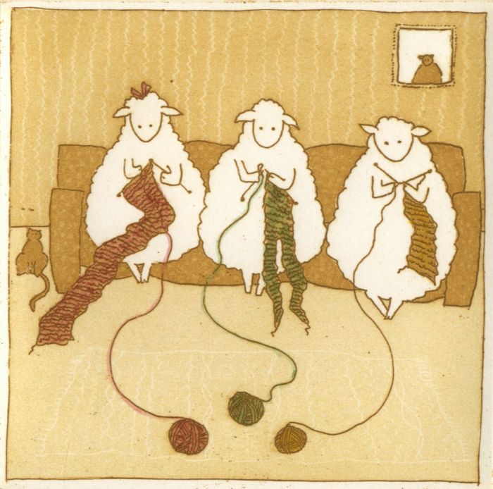 Harriet Brigdale SGFA - Contemporary Etching, Knitting Sheep