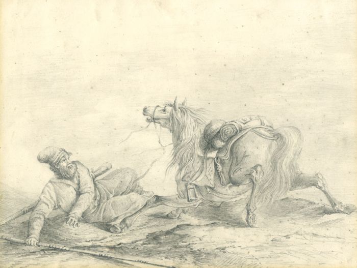 19th Century Graphite Drawing - Fall from the Arab Horse