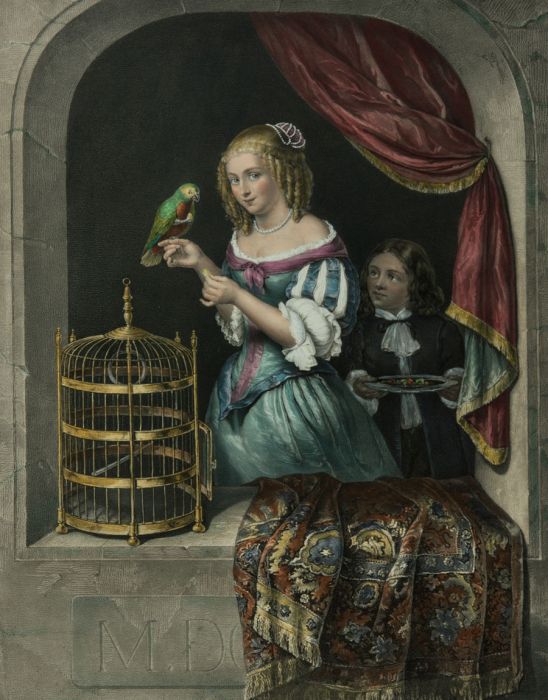 Large German Mid 19th Century Lithograph - Lady With a Parakeet