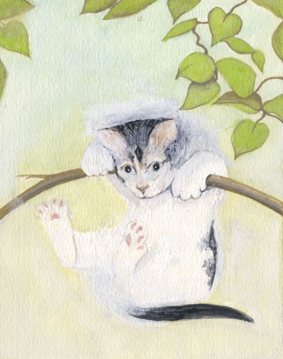 Jack Arnott - Contemporary Gouache, Kitten Hanging from Tree