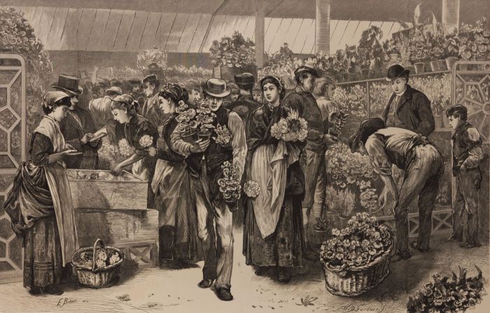 E. Buckman - 1873 Wood Engraving, The Flower Market - Illustrated London News