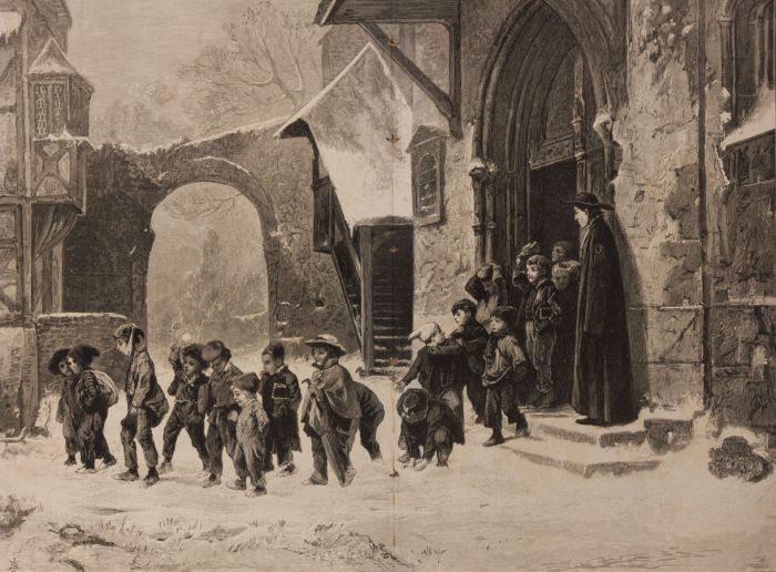 Vautier - 1875 Wood Engraving, Children Leaving School - Illustrated London News