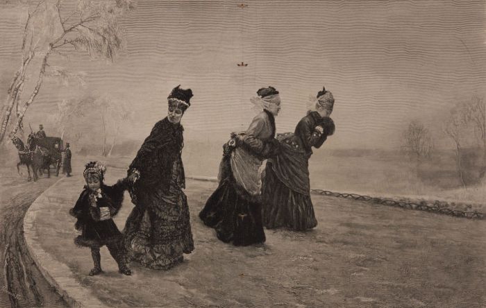 1876 Wood Engraving - A Winter Walk - Illustrated London News