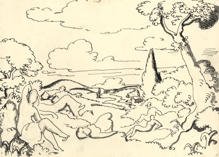 Harold Hope Read - Mid 20th Century Pen and Ink Drawing, Nudes in a Landscape