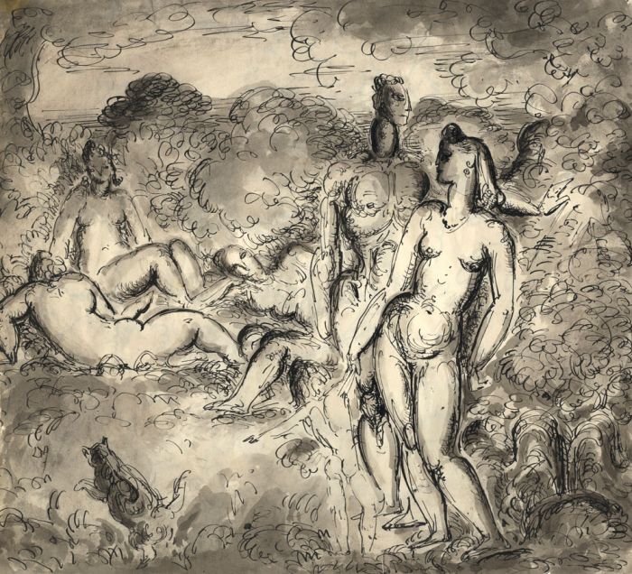 Harold Hope Read - Mid 20th Century Pen and Ink Drawing, Nudes in a Landscape
