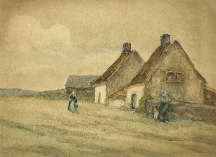Early 20th Century Watercolour - Woman by Cottages