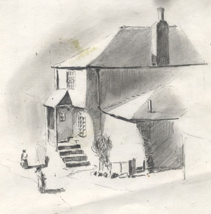 C.A. Hannaford - Early 20th Century Graphite Drawing, Figures Outside a House