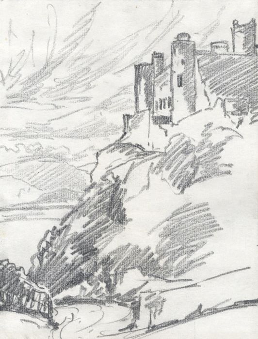 Marcus Adams - Early 20th Century Graphite Drawing, Town on a Cliff Edge