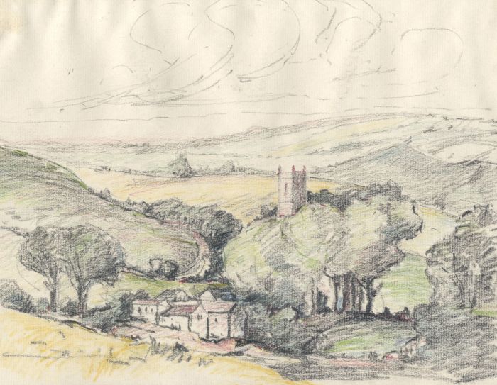Marcus Adams - Early 20th Century Graphite Drawing, Landscape with Church