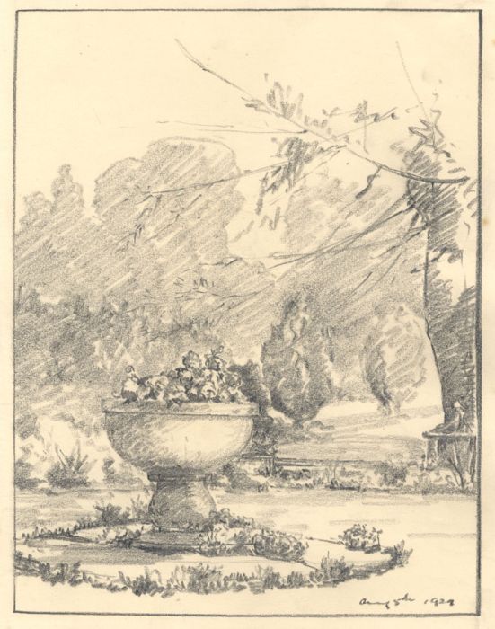 Marcus Adams - 1929 Graphite Drawing, Landscape Garden