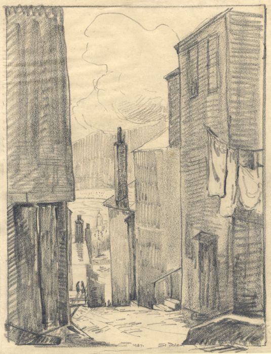 Marcus Adams - 1937 Graphite Drawing, Continental Street Scene