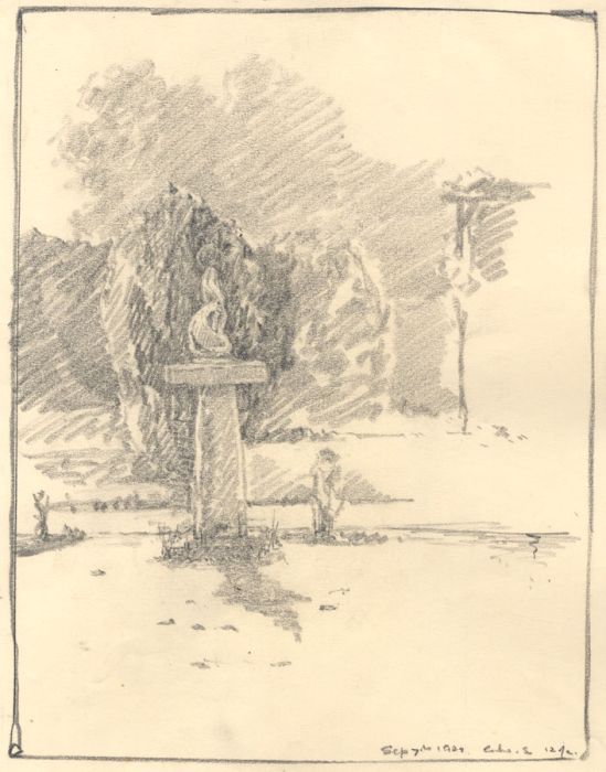 Marcus Adams - 1929 Graphite Drawing, Landscape Garden
