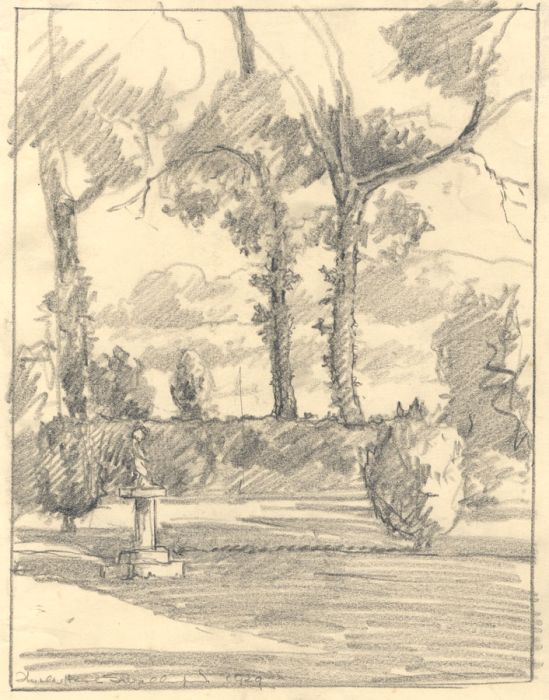 Marcus Adams - 1929 Graphite Drawing, Landscape Garden
