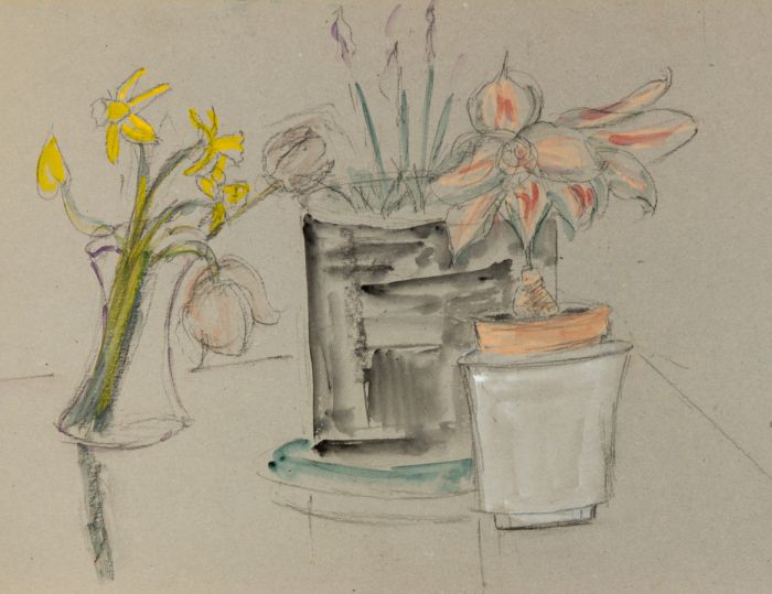 Gilbert Adams FRPS (1906-1996) - Gouache, Still Life with Flower Pots