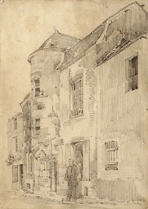 J. Atwood Slater - Late 19th Century Graphite Drawing, Figure Outside a Building