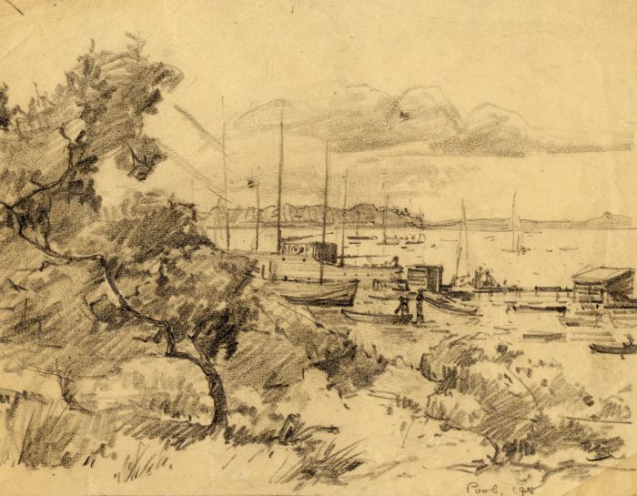 Marcus Adams - Two Early 20th Century Graphite Drawings, Statue and Harbourside