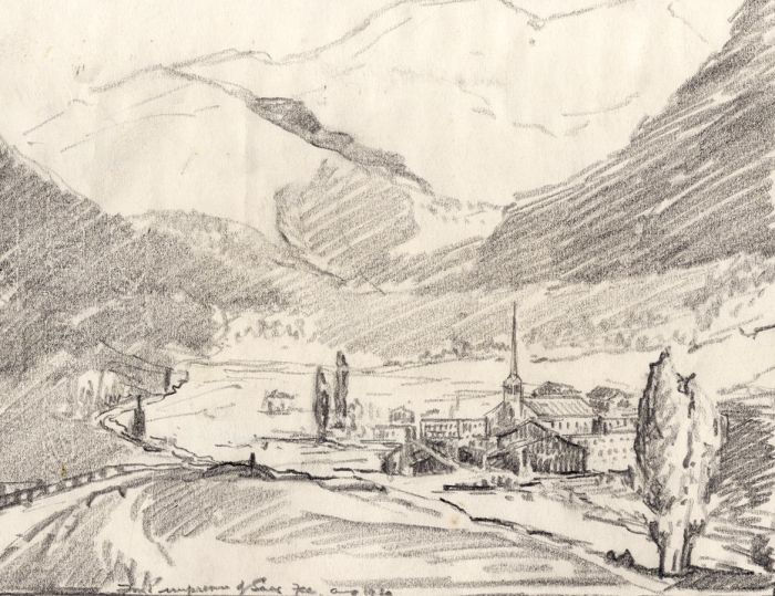 Marcus Adams - 1930 Graphite Drawing, View of Saas-Fee