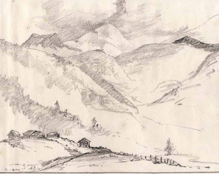 Marcus Adams - Early 20th Century Graphite Drawing, Houses in Swiss Landscape