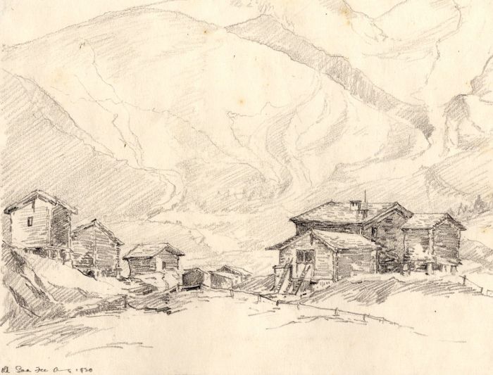 Marcus Adams - 1930 Graphite Drawing, Cabins in Saas-Fee Landscape