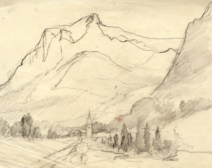Marcus Adams - Early 20th Century Graphite Drawing, Swiss Landscape with Church