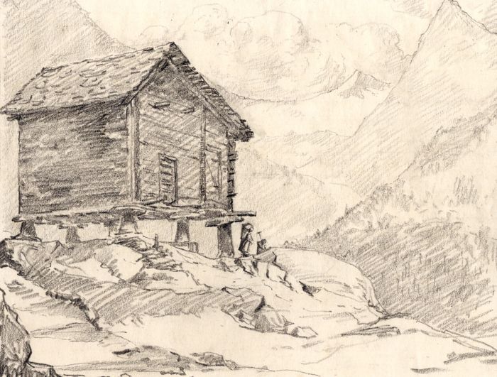 Marcus Adams - Early 20th Century Graphite Drawing, Cabin in Swiss Mountains