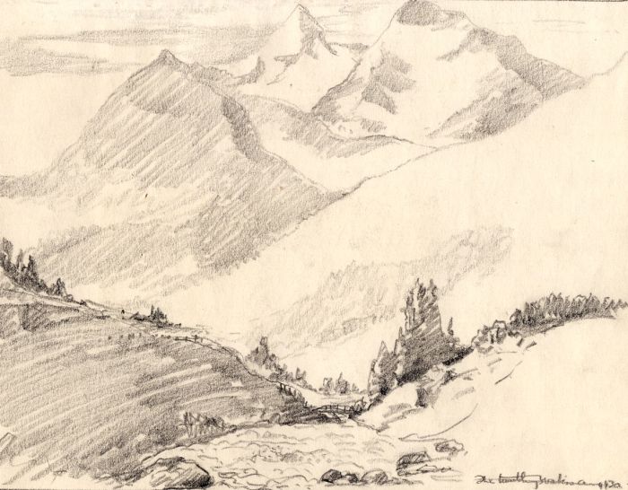 Marcus Adams - 1930 Graphite Drawing, Swiss Mountain Landscape