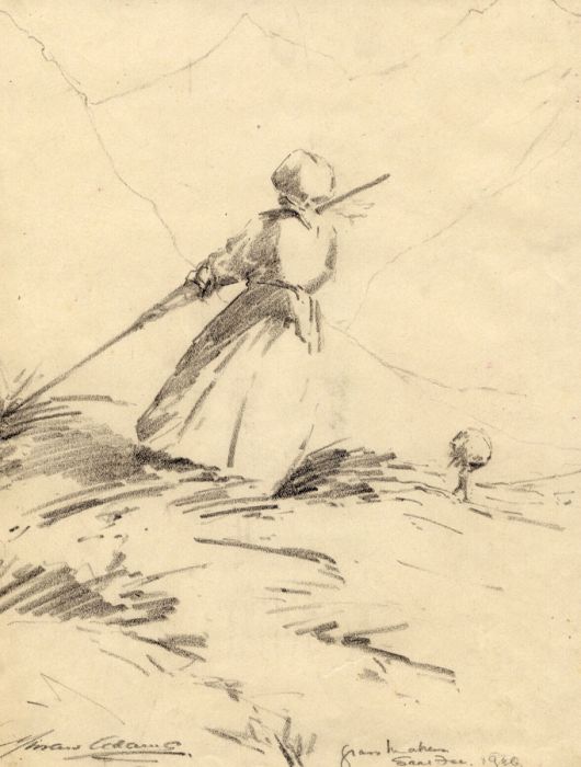 Marcus Adams - 1936 Graphite Drawing, Woman in Saa-Fee Landscape