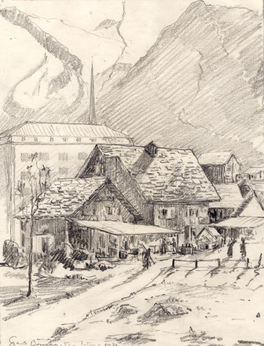 Marcus Adams - 1930 Graphite Drawing, Saas-Balen, Switzerland