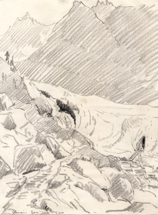 Marcus Adams - 1930 Graphite Drawing, Glacier in Saas-Fee, Switzerland