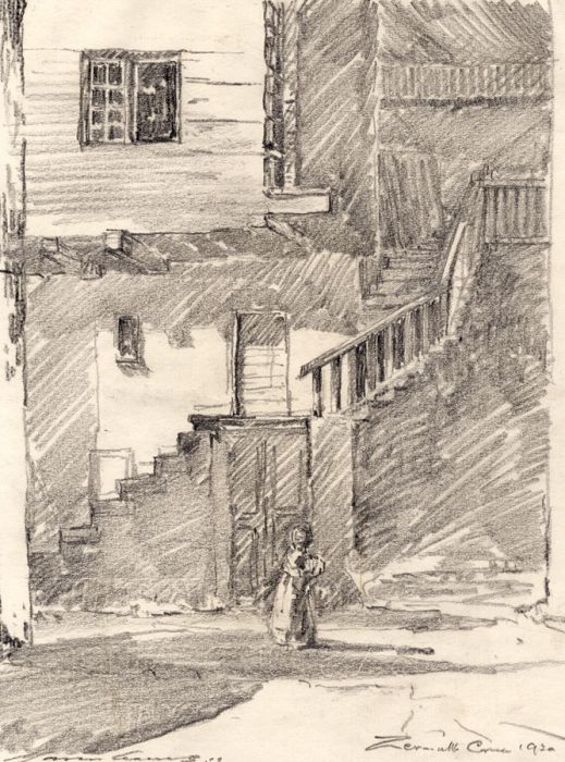 Marcus Adams - 1930 Graphite Drawing, Courtyard in Zermatt, Switzerland
