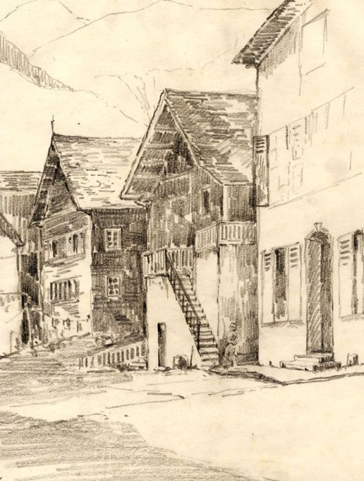 Marcus Adams - Early 20th Century Graphite Drawing, Chalets