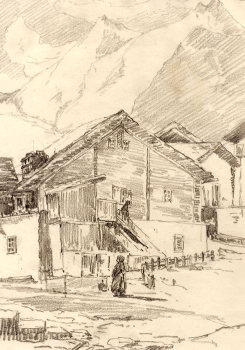 Marcus Adams - Early 20th Century Graphite Drawing, Woman Standing Before Chalet