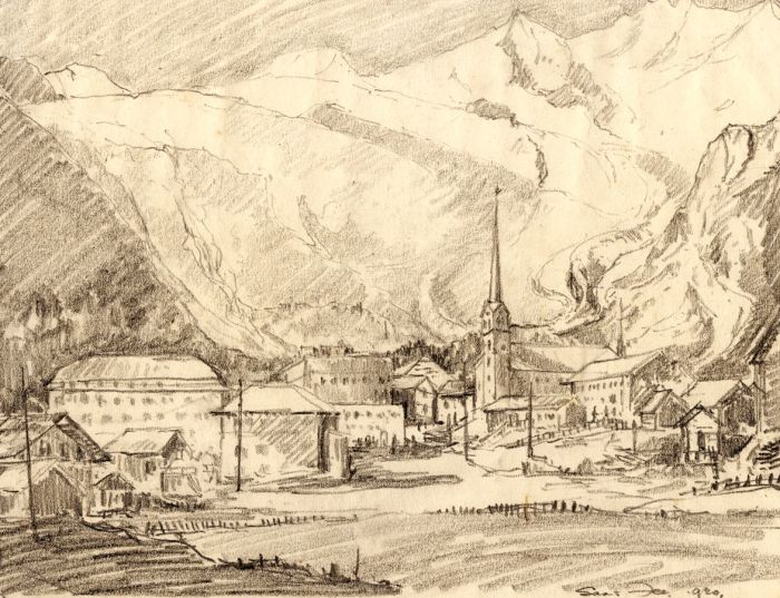 Marcus Adams - 1930 Graphite Drawing, View of Saas-Fee, Switzerland