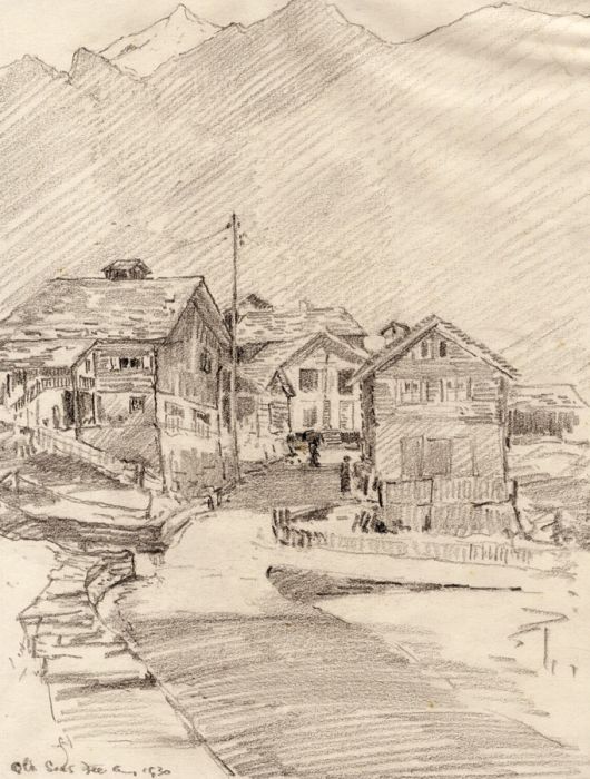 Marcus Adams - 1930 Graphite Drawing, Saas-Fee Chalets, Switzerland