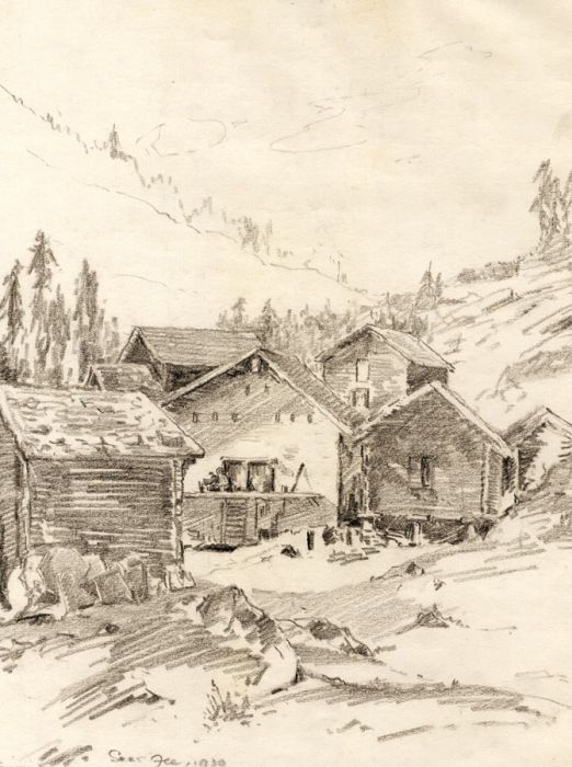 Marcus Adams - 1930 Graphite Drawing, Saas-Fee Chalets