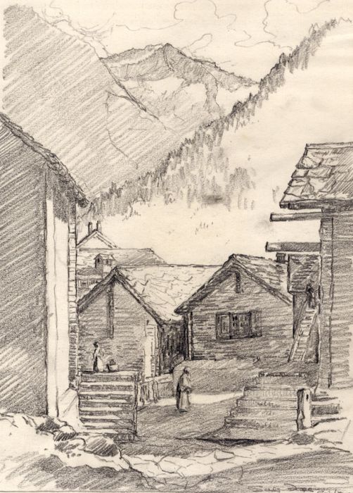 Marcus Adams - Early 20th Century Graphite Drawing, Saas-Fee Street Scene