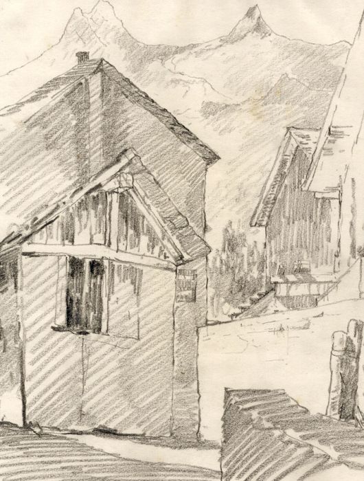 Marcus Adams - Early 20th Century Graphite Drawing, View Through Chalets