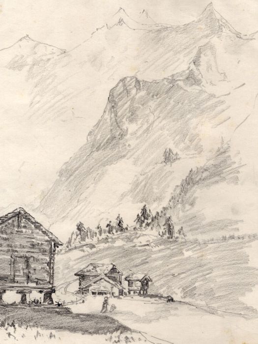 Marcus Adams - Early 20th Century Graphite Drawing, Chalet in the Mountains