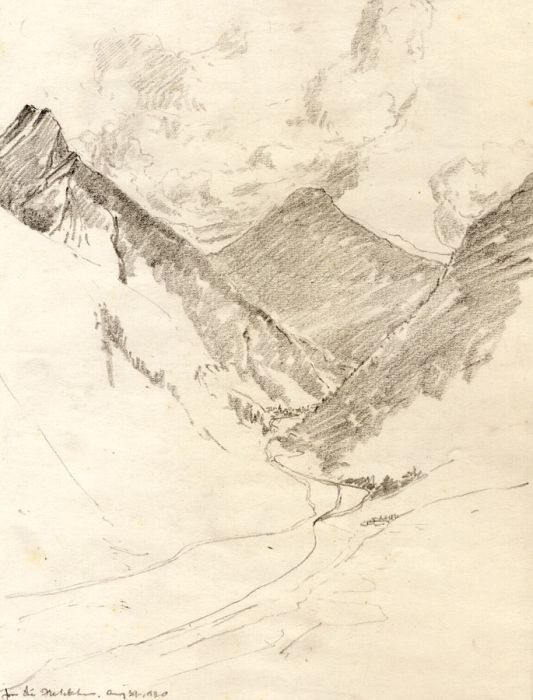 Marcus Adams - 1930 Graphite Drawing, View of Mountains