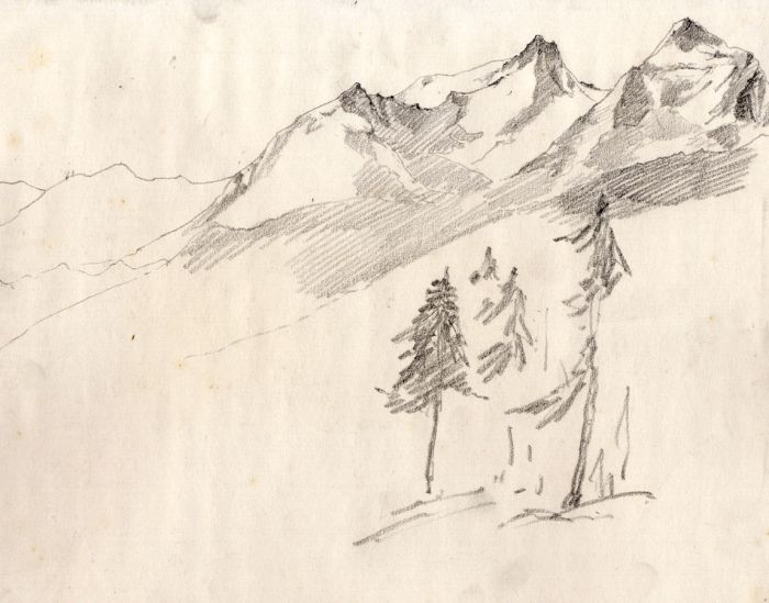 Marcus Adams - Early 20th Century Graphite Drawing, Mountains in Switzerland