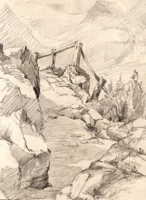 Marcus Adams - Early 20th Century Graphite Drawing, Mountain Path, Switzerland