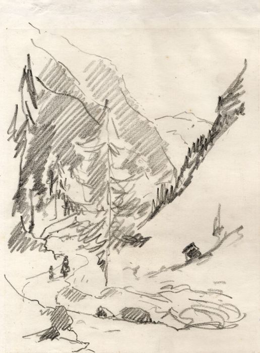 Marcus Adams - Early 20th Century Graphite Drawing, View Through Mountains