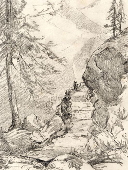 Marcus Adams - Early 20th Century Graphite Drawing, Swiss Mountain Path