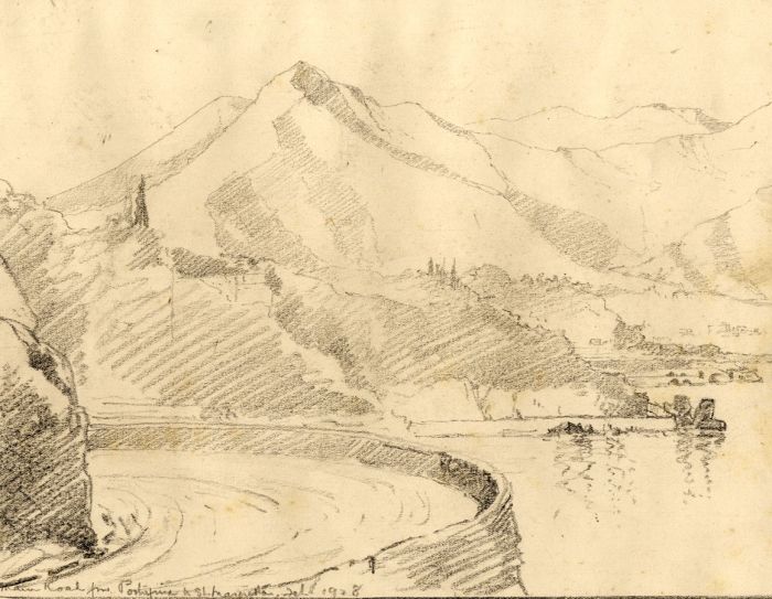 Marcus Adams - 1928 Graphite Drawing, Italian Lake Scene