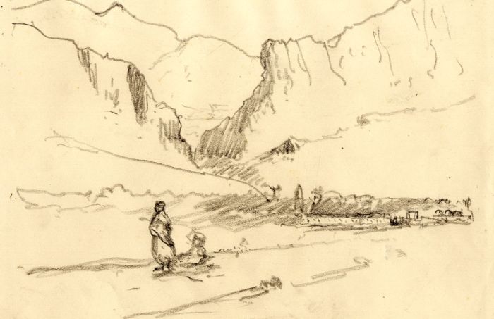 Marcus Adams - 1929 Graphite Drawing, North African Landscape